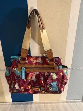 Lily Bloom Burgundy Cat & Mouse Print Satchel Shoulder Bag